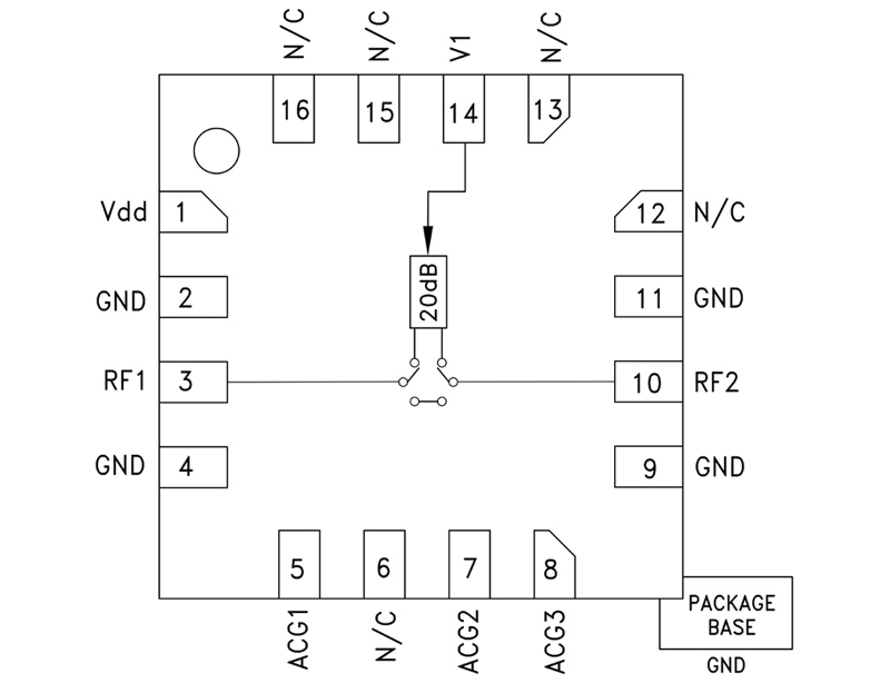 Принципиальная схема включения 1-битового цифрового аттенюатора - микросхемы HMC802A(HMC802ALP3E)